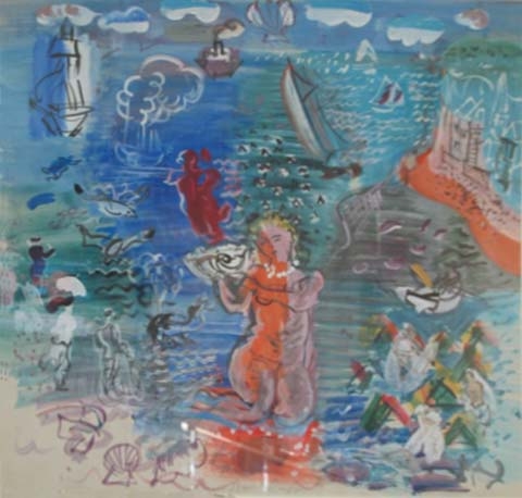 Bunte Küstenlandschaft mit Figuren, Booten, Wellen und Wolken, lebendige Farben und dynamische Komposition.