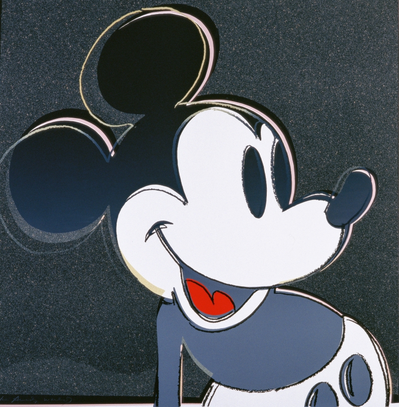 Mickey Mouse's face, smiling, with a black background and colorful outlines highlighting his features.