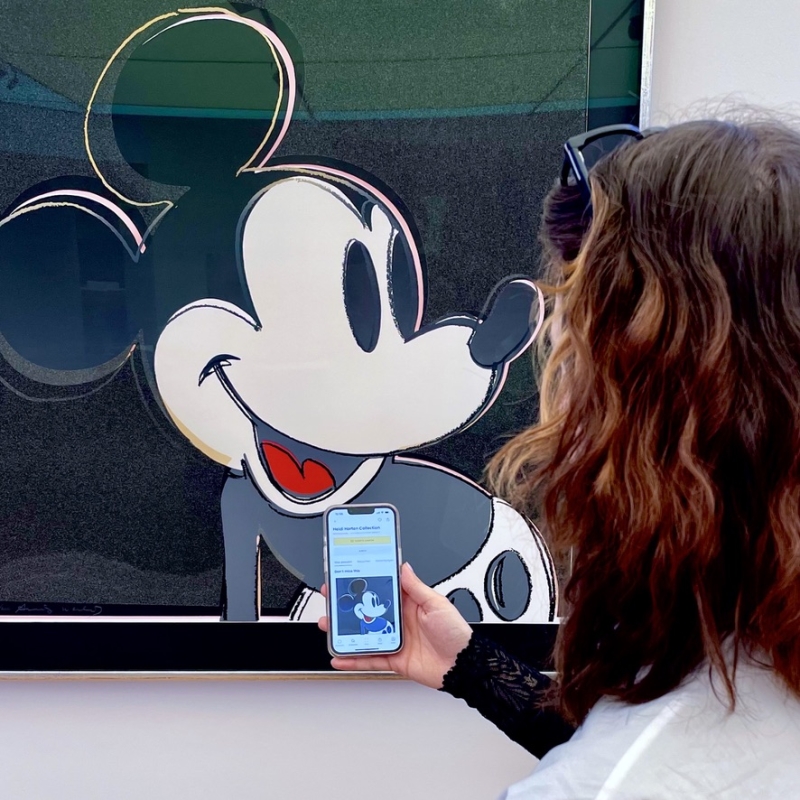 The photo shows a woman from behind,
looking at a work of art by Andy Warhol.
Mickey Mouse is in the picture.
The woman is holding a smartphone.
The Smartify app is open on it - an audio guide that provides information about works of art.
You can see that she has opened the exact picture on her cell phone that is also hanging on the wall in front of her.
The photo shows how digital media in museums can help
learn more about art - simply and directly on your own cell phone.