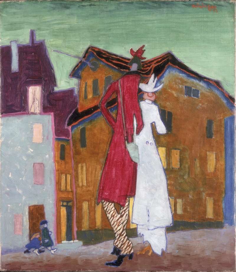 Zwei stilisierte Figuren in auffälliger Kleidung stehen vor bunten, geometrischen Gebäuden unter einem grünen Himmel.