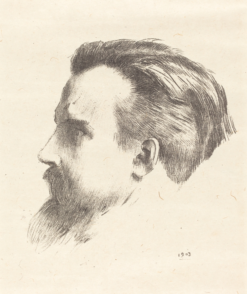 Profil von Maurice Denis mit Bart und kurzem Haar, skizzenhaft auf beigem Hintergrund dargestellt.