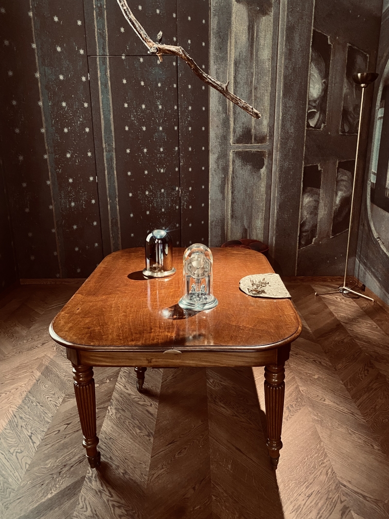 A wooden table with a glass dome and a silver object, beneath a branch, in a dimly lit room with patterned walls.