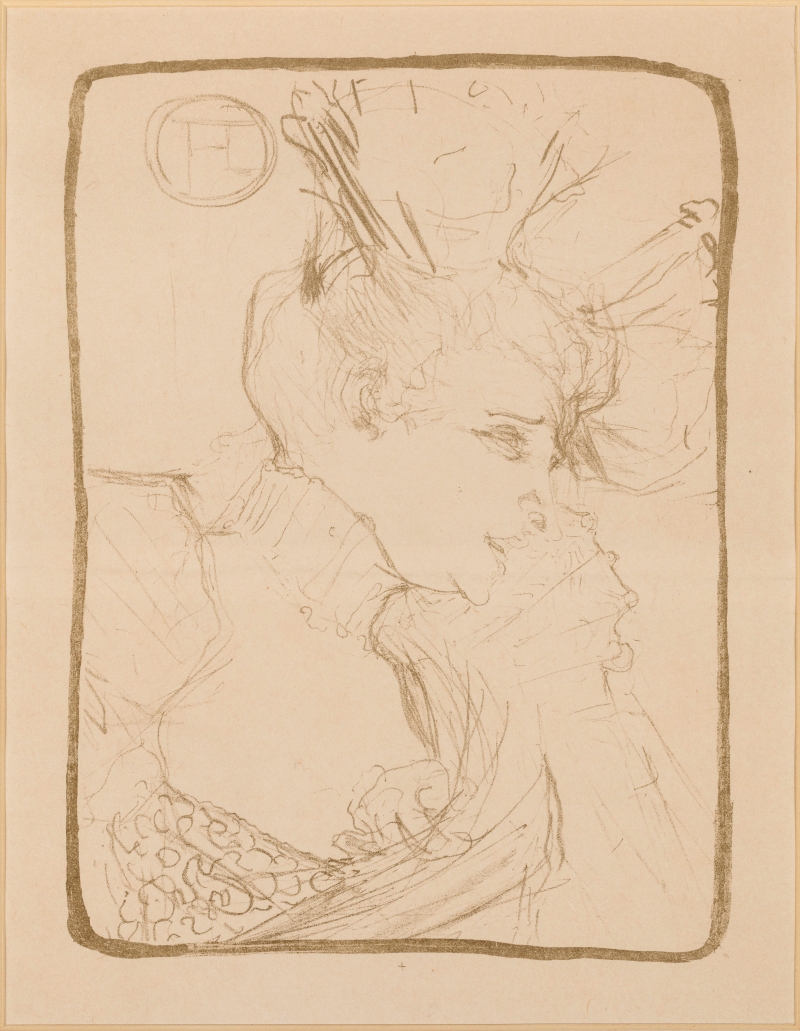 Porträt einer Frau mit aufwendiger Frisur und dekorativem Kleid, in sanften Linien und Schattierungen skizziert.