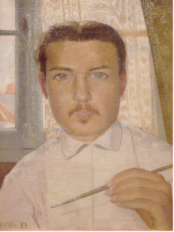 Portrait of a young man, 18, holding a paintbrush, with a window and patterned curtain in the background.