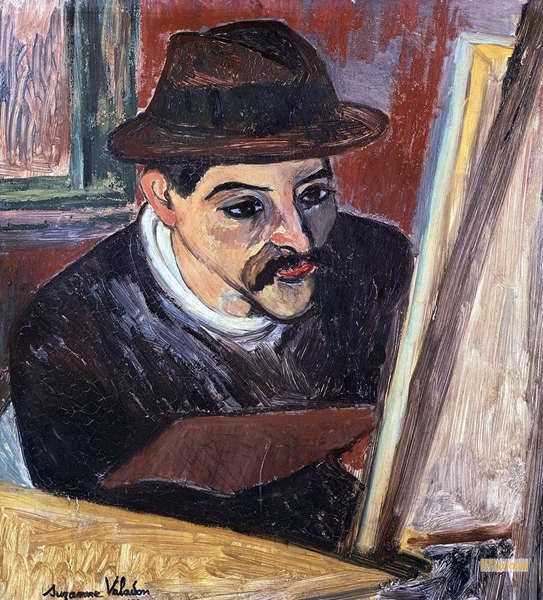 A man with a mustache and hat intently observes a canvas, surrounded by warm, earthy colors.