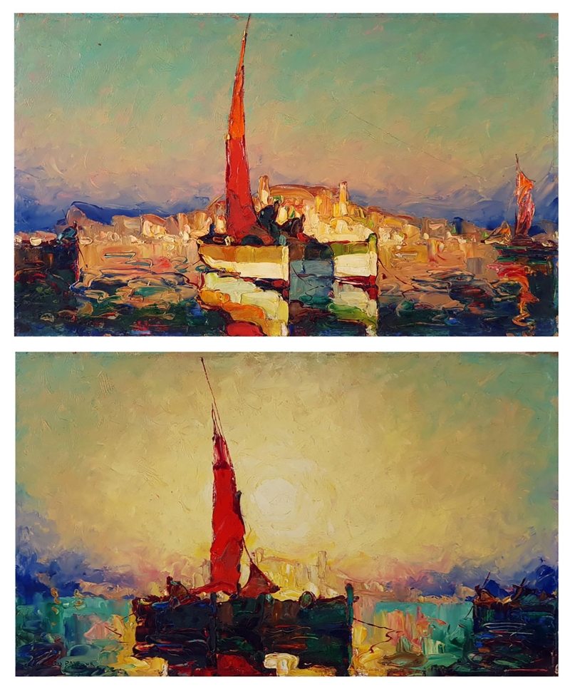 Zwei impressionistische Landschaften mit Segelbooten, leuchtenden Farben und sanften Himmelstönen.