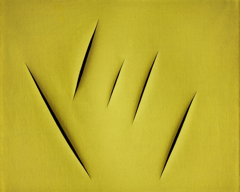 Yellow canvas featuring five sharp, elongated cuts creating dynamic lines and depth.