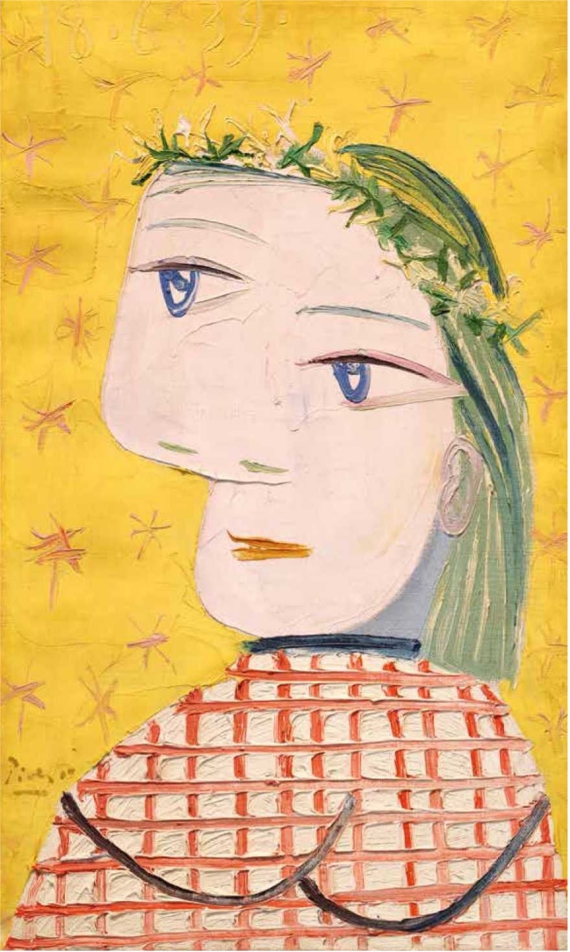 A stylized portrait of a woman with a large, flat face, blue eyes, and a floral crown against a bright yellow background.