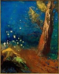 Dunkler Hintergrund mit leuchtenden Farben, einer knienden Gestalt und einem großen Baum im Vordergrund.