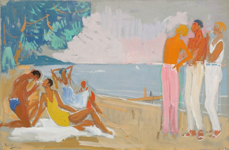 Badegäste entspannen am Strand, einige im Wasser, andere im Gespräch, umgeben von Bäumen und einem hellen Himmel.