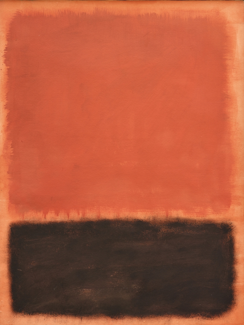 A large canvas divided horizontally; the top half is a soft reddish-orange, and the bottom half is a deep black.