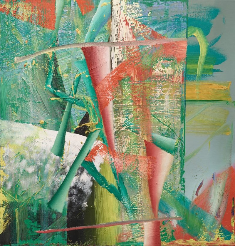 Abstract painting featuring vibrant greens, reds, and yellows with dynamic brush strokes and layered textures.