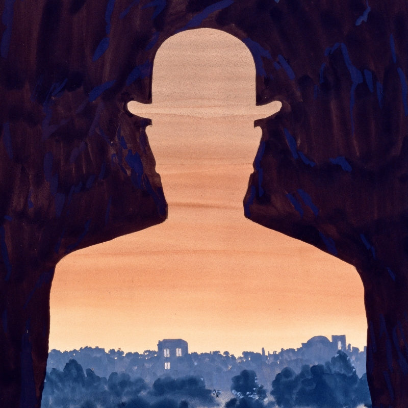 Silhouette of a person in a bowler hat against a gradient sunset, with distant buildings and trees in the foreground.