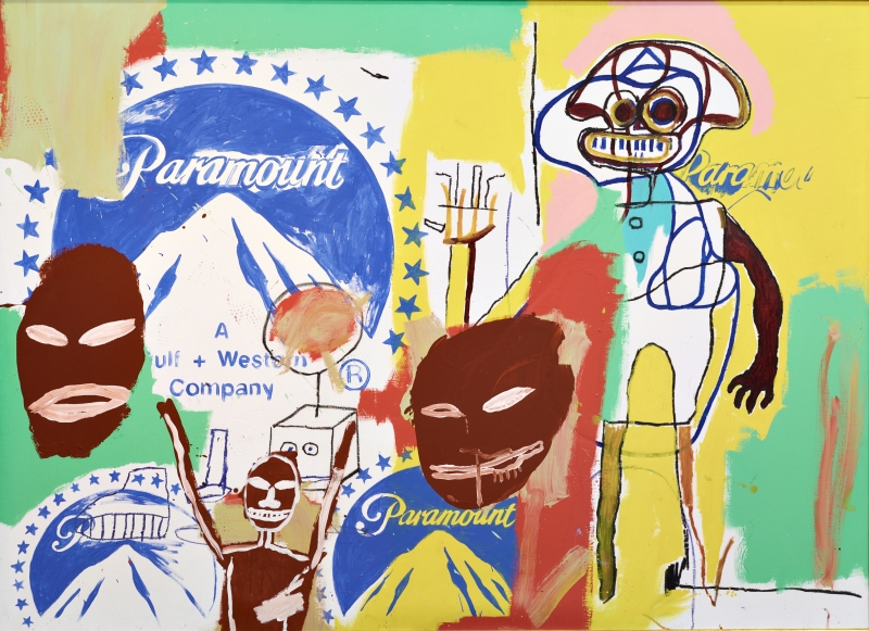 Colorful abstract artwork featuring masks, figures, and the Paramount logo, blending styles of Warhol and Basquiat.