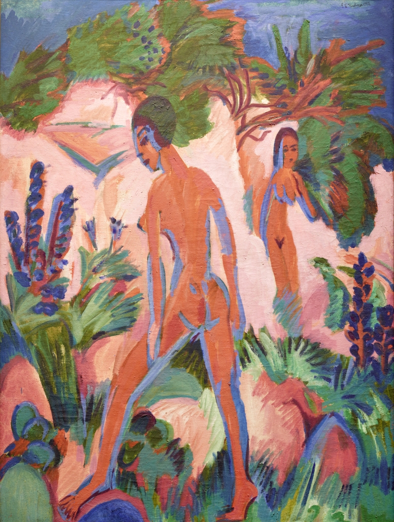 Zwei nackte Figuren in einer bunten, pflanzenreichen Landschaft, umgeben von leuchtenden Farben und abstrahierten Formen.