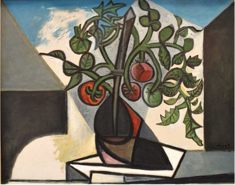 A still life featuring a vase with tomato plants, green leaves, and a geometric background in muted colors.