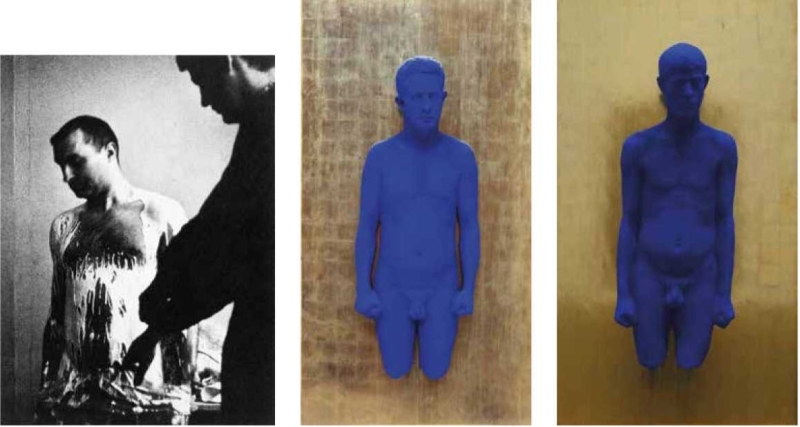 Drei Bilder: ein Mann mit Farbe auf der Brust, eine blaue Statue und eine weitere blaue Figur vor goldener Wand.