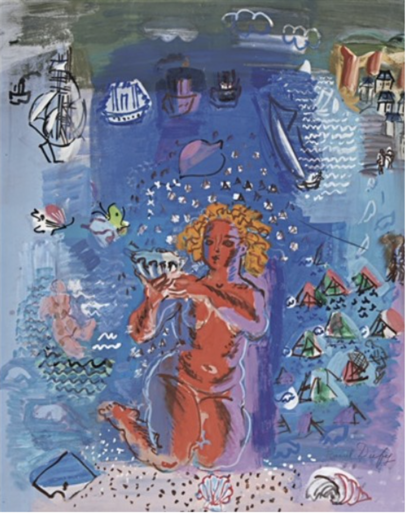 Nackte Figur mit blonden Locken hält eine Muschel, umgeben von Wasser, Booten und bunten Zeltformen.