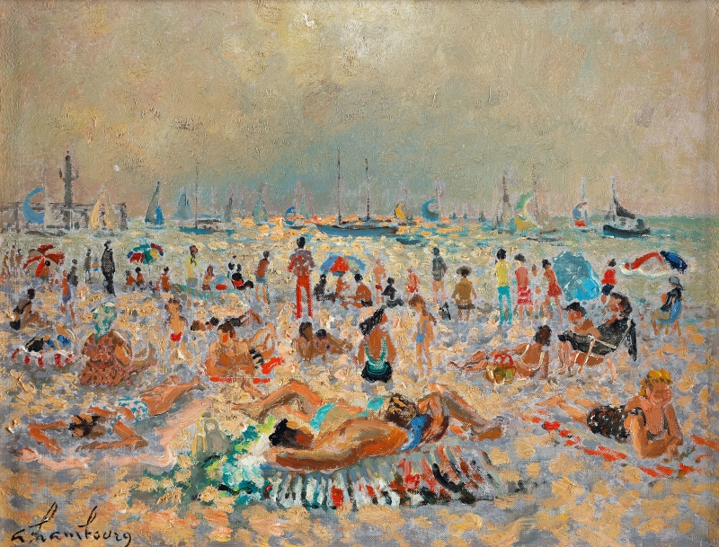 Crowded beach scene with sunbathers, umbrellas, and sailboats under a cloudy sky.