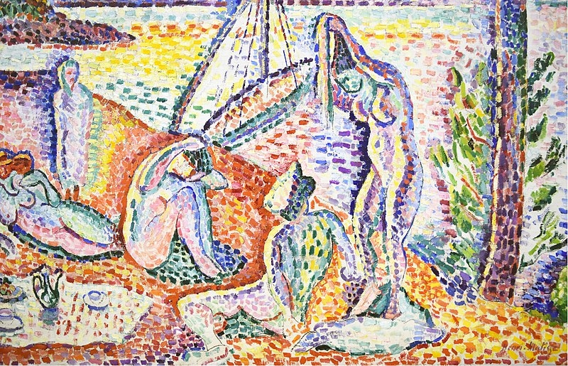 Nude figures relax on a beach with a sailboat in the background, surrounded by vibrant colors and abstract shapes.