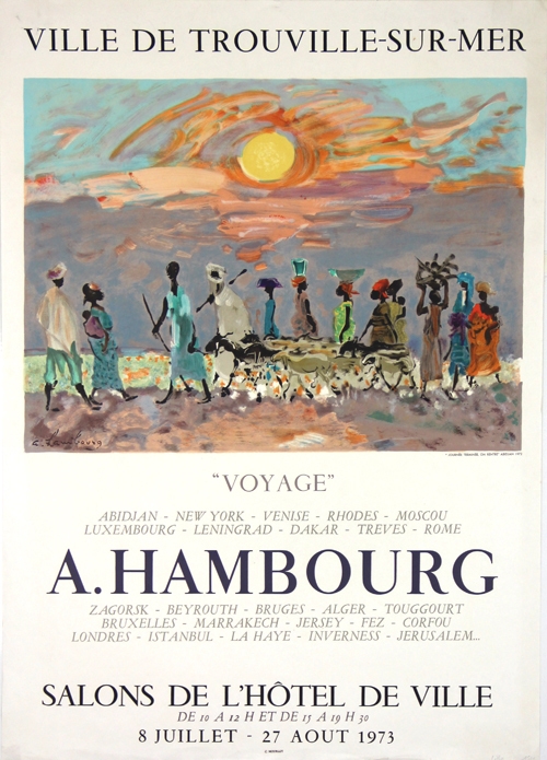 Bunte Plakatillustration mit Menschen am Strand, Sonnenuntergang und Städtenamen, darunter Trouville-sur-Mer und A. Hambourg.