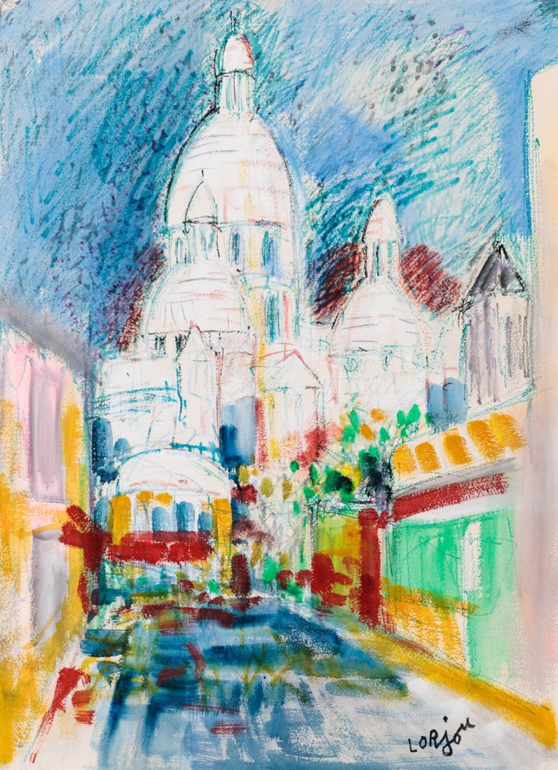 Bunte Pastellzeichnung einer Straße mit der Sacré-Cœur-Kirche im Hintergrund und lebhaften Farben.
