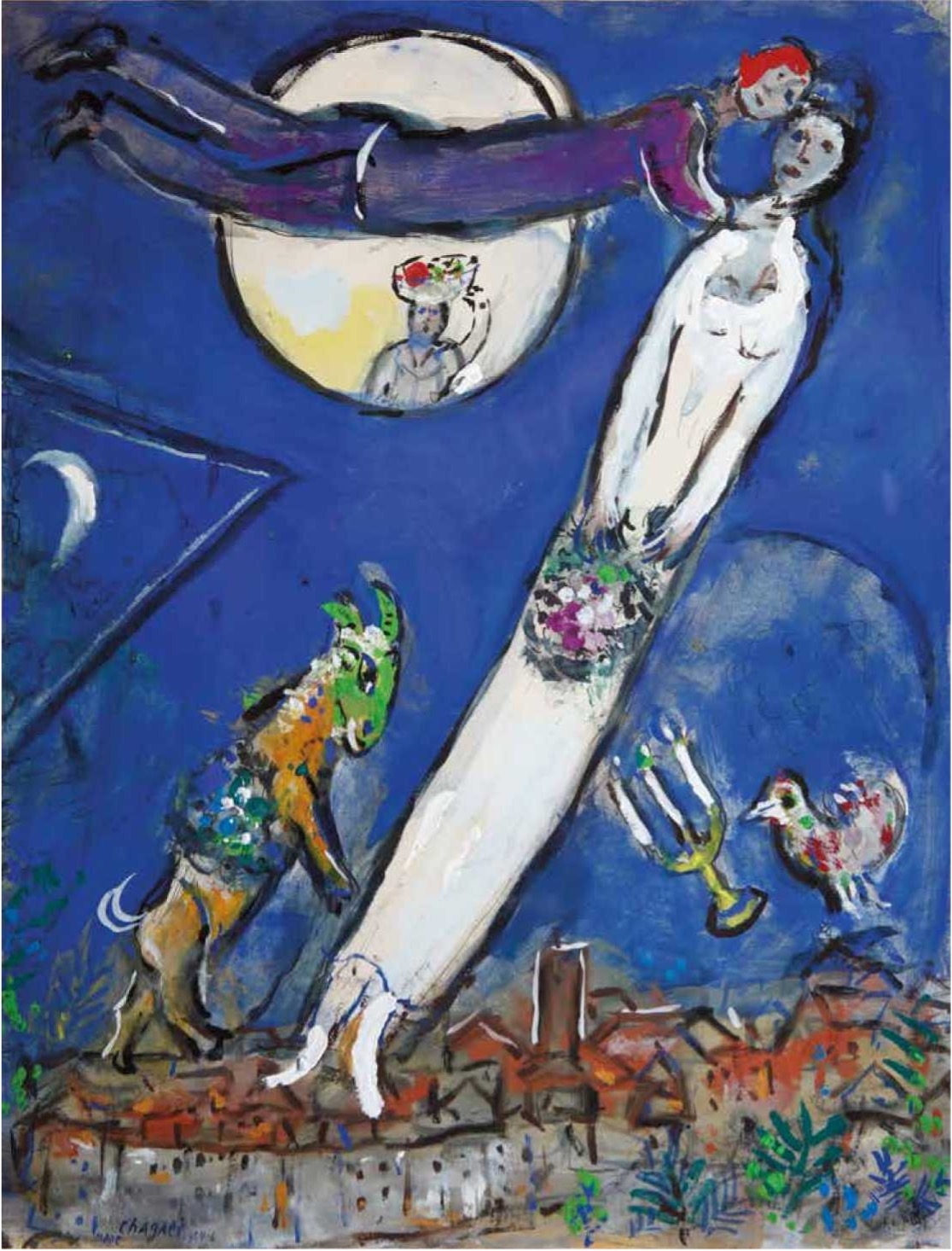 A whimsical scene with a tall figure, a couple flying, a goat, a bird, and a cityscape under a blue moonlit sky.