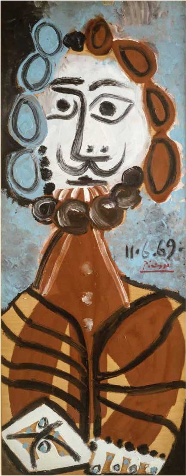Abstract portrait with a stylized face, brown and blue tones, featuring a beard and patterned clothing.