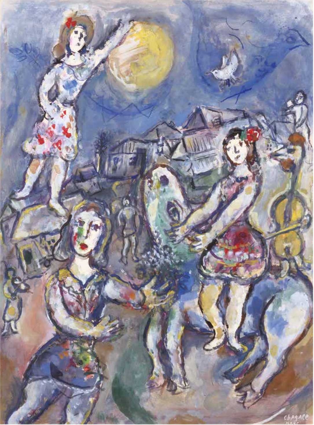 Three women in colorful dresses dance joyfully under a large moon, surrounded by a whimsical village and musical instruments.