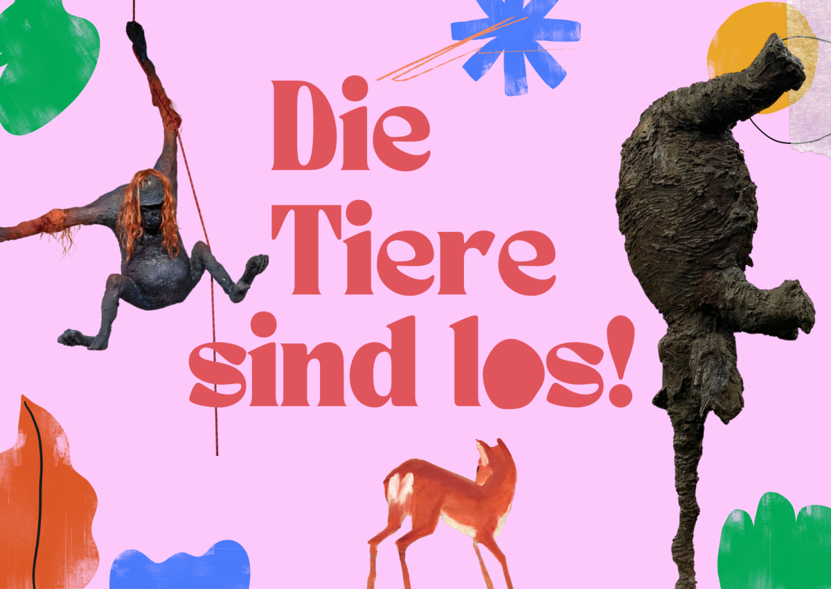 Bunte Collage mit Tieren, darunter ein schwingender Affe und ein hängender Bär, auf rosa Hintergrund mit Text.