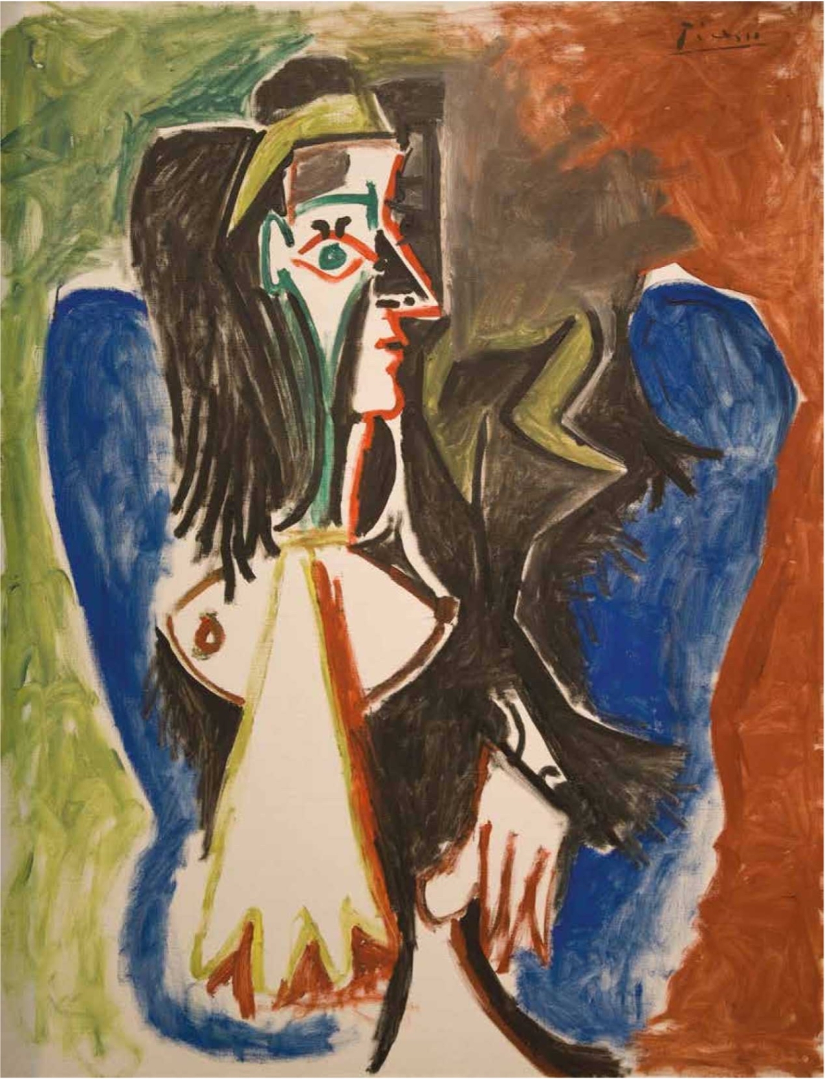 Abstract portrait with bold colors, featuring a woman with long hair, prominent facial features, and a green background.