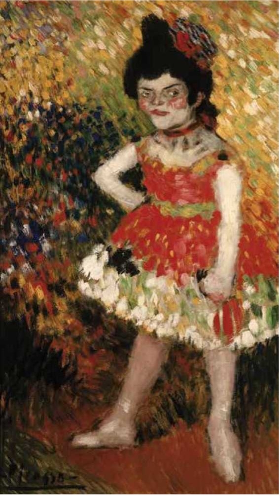 A young girl in a vibrant red dress stands confidently, surrounded by colorful flowers and a textured background.
