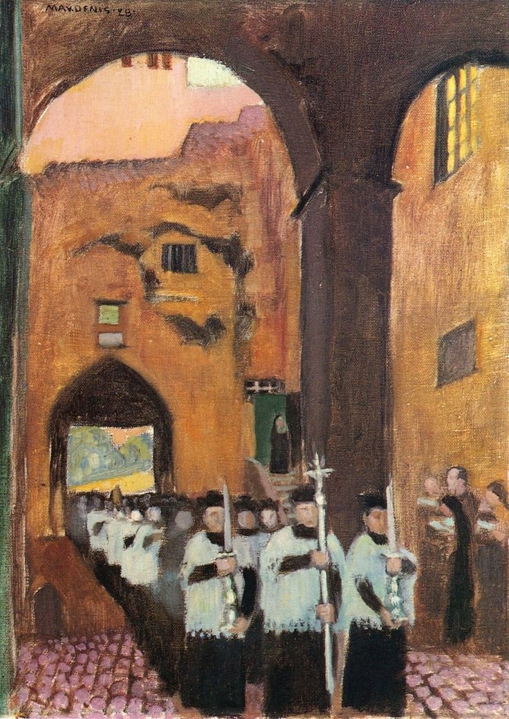 A procession of figures in white robes and black hats, holding staffs, moves through an archway in a historic setting.