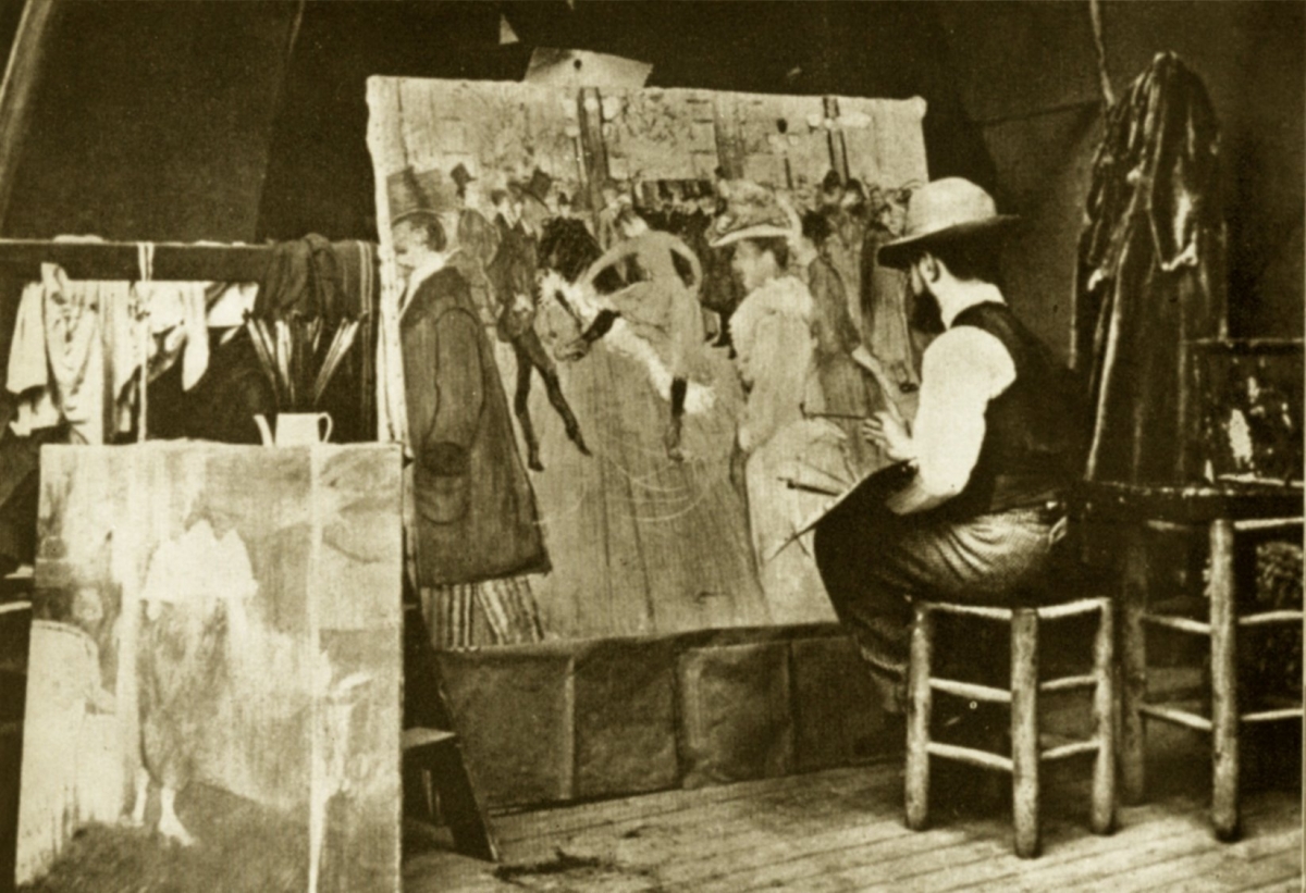 Artist Henri Toulouse-Lautrec sits on a stool, painting a lively scene of dancers at the Moulin Rouge on a large canvas.