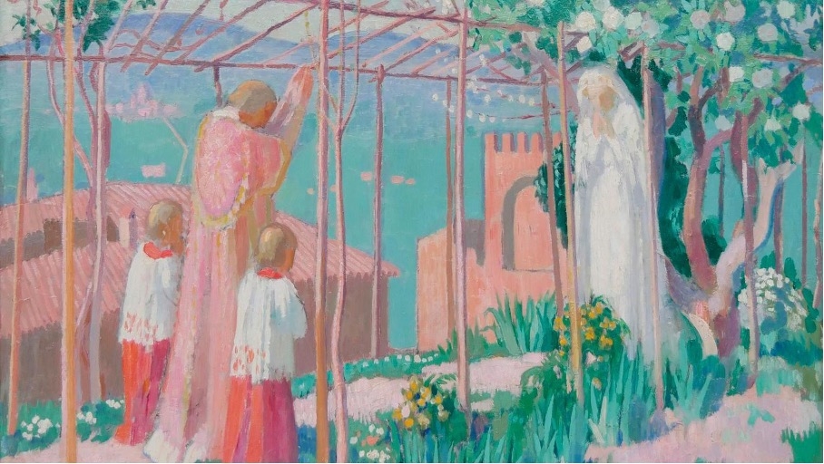 A serene scene depicting a woman in white, flanked by two children, under a trellis with blooming flowers and a distant castle.