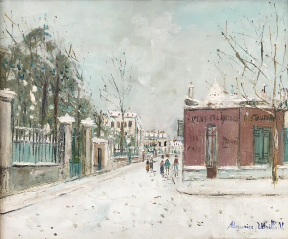 Snow-covered street scene with bare trees, a red building, and figures walking in the distance.