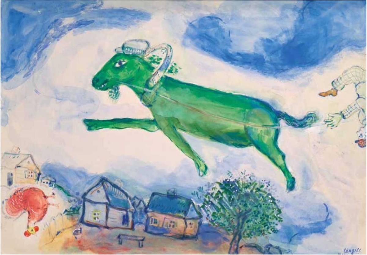 A green flying cow with a halo above houses and trees, set against a blue sky with whimsical clouds.