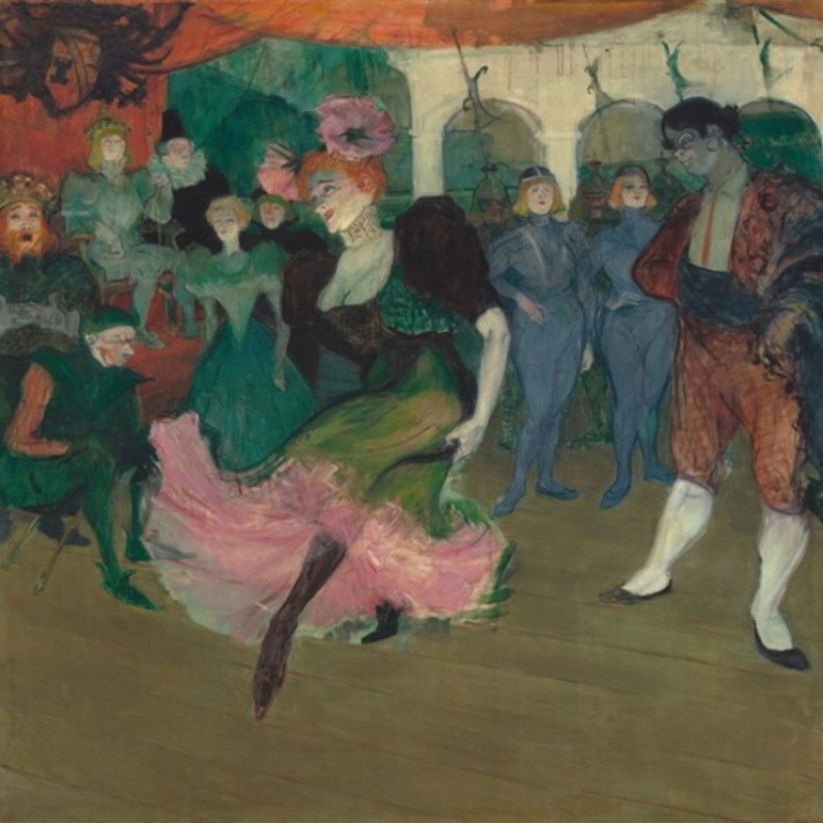 Mademoiselle Marcelle Lender dances in a vibrant costume, surrounded by an audience in a lively cabaret setting.