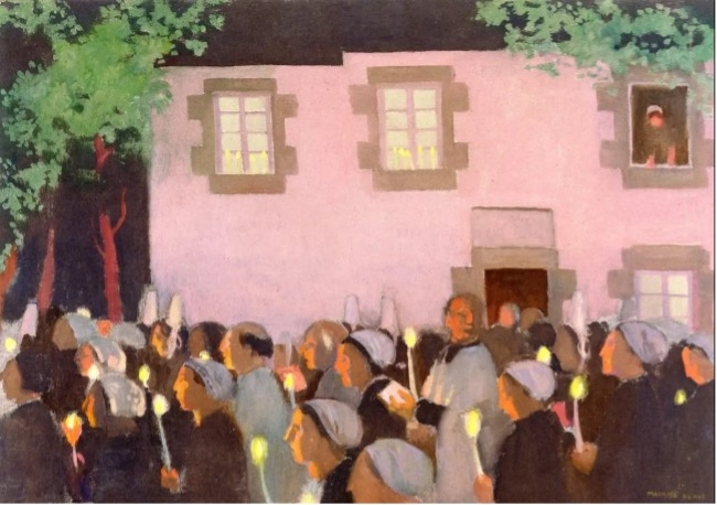 Crowd holding candles in front of a pink building, with figures in gray head coverings and a person looking from a window.