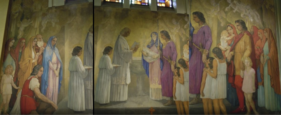 Religiöse Wandmalerei mit Personen in historischen Gewändern, die eine Zeremonie in einer Kirche darstellen.
