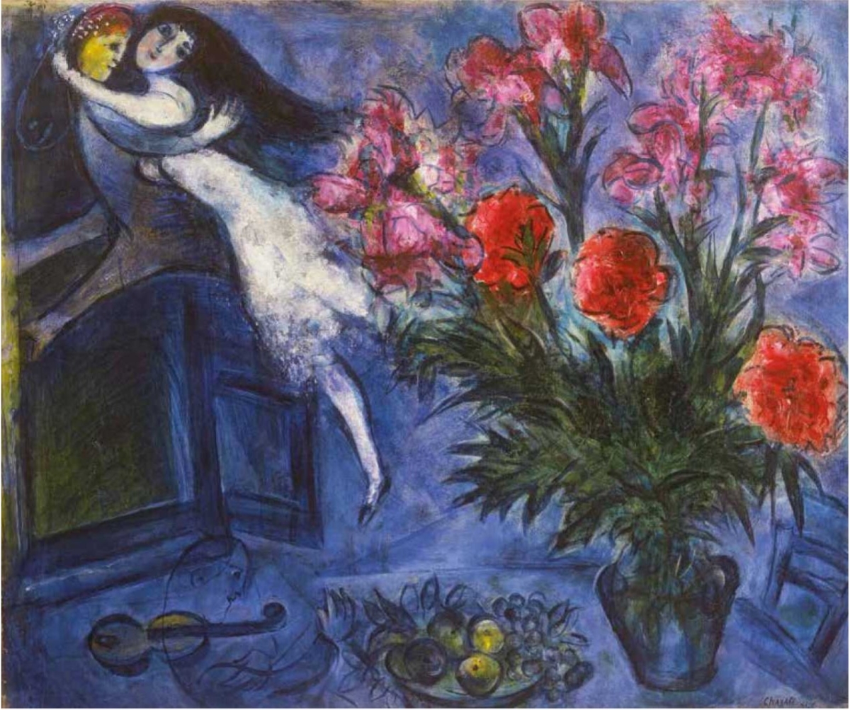 Couple dancing against a blue background, surrounded by vibrant flowers and a bowl of fruit on a table.