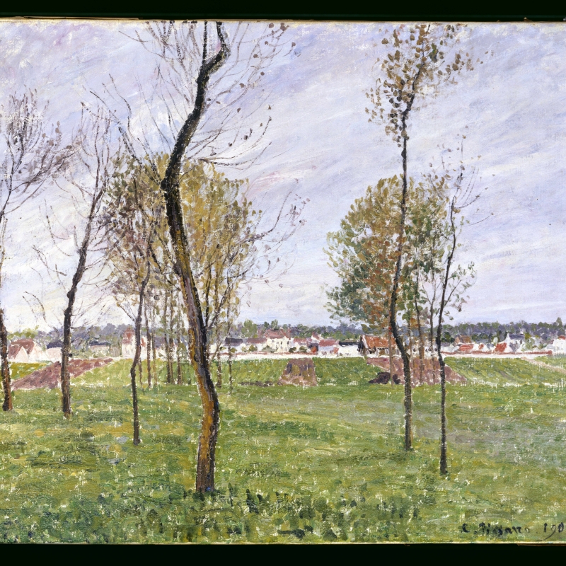 Landschaft mit Bäumen im Vordergrund, im Hintergrund ein Dorf mit Häusern und einem bewölkten Himmel.