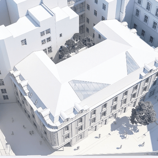 Rendering der Heidi Horten Collection mit modernem Anbau und umgebenden Grünflächen.