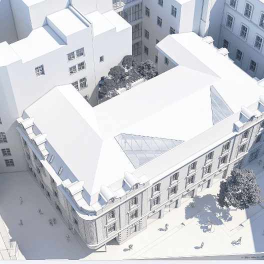 Rendering der Heidi Horten Collection mit modernem Anbau und umgebenden Grünflächen.