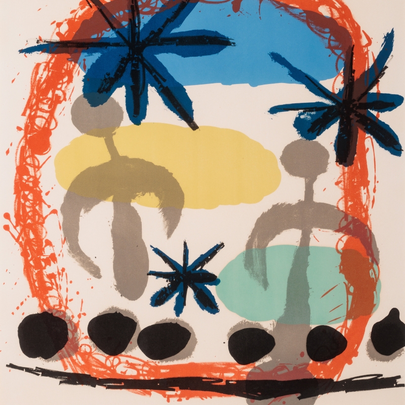 Abstrakte Komposition mit bunten Formen, darunter zwei stilisierte Figuren, Sterne und ovale Elemente in verschiedenen Farben.