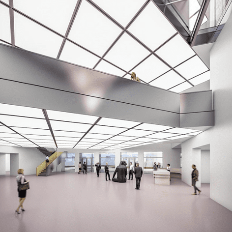 Ansicht der Heidi Horten Collection mit großzügigem Raum, modernen Treppen, Besuchern und einer großen Glasdecke.