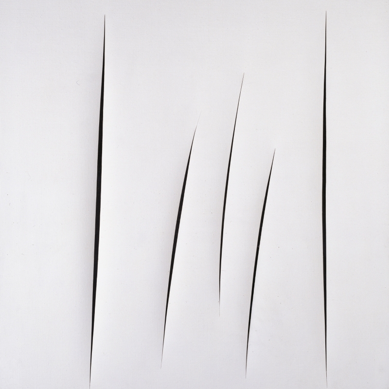 Five elongated black slashes on a white canvas, creating a stark contrast and a sense of depth.