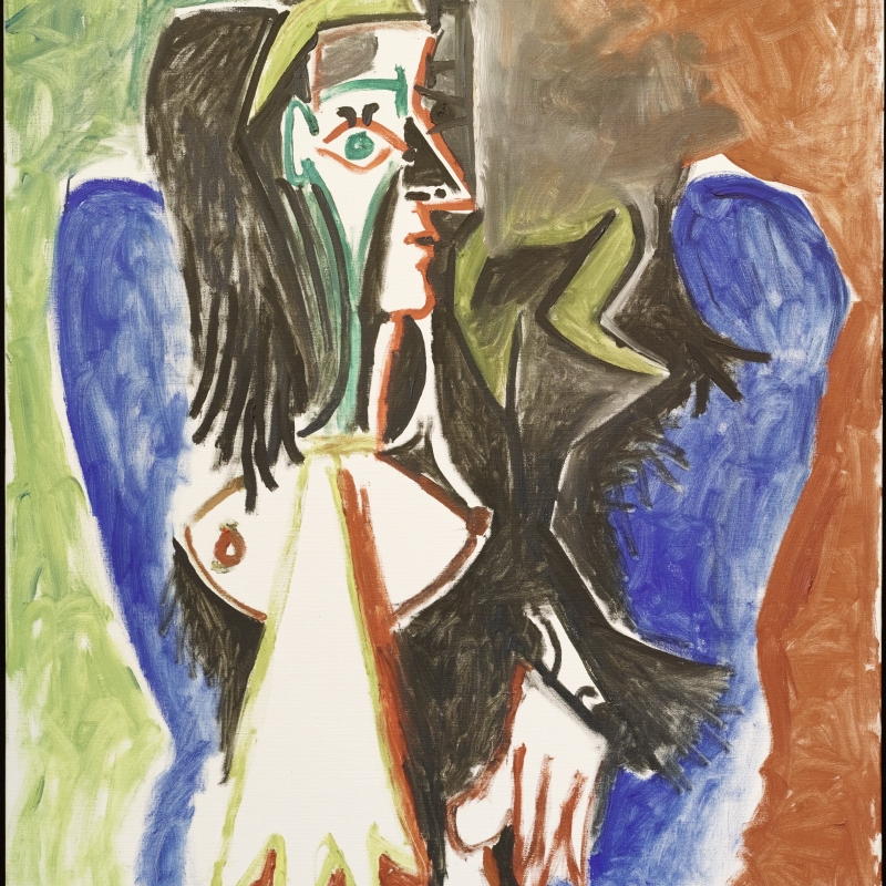 Abstrakte Darstellung einer Frau mit langen Haaren, umgeben von bunten, lebhaften Farben und geometrischen Formen.