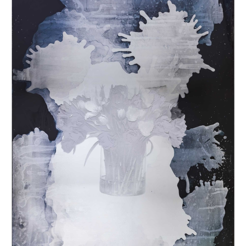 In the picture we see a mirror with a bunch of flowers in the middle.
The edges are dark and speckled, like an old photo or film.
The work of art is by Andreas Duscha.
He made the mirror himself, according to an old recipe from the 17th century.
In the middle you can see an arrangement of flowers - it is a screen print on the mirror surface.
The flowers on the mirror have a deeper meaning:
"tulip mania" is a reminder of the financial speculation with tulip bulbs that was triggered in Holland in 1638.
At the time, you could buy a house in the center of Amsterdam for the bulb of a black tulip. After two years, the financial bubble burst.
Duscha is interested in hidden stories and connections.
He uses old techniques and special materials,
to make themes such as power, change and history visible in a quiet, poetic way.
This artwork is part of a series of four mirrors, which hang in the anteroom of the Heidi Horten Collection museum toilets.
Each mirror tells its own story - through plants and symbols.
