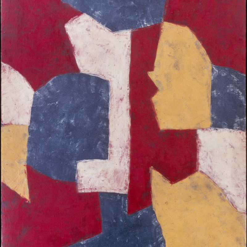 Abstrakte Komposition aus roten, blauen, gelben und weißen Formen, die Gesichter andeuten.